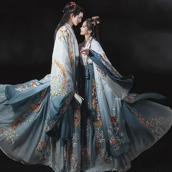 Предговор към картината, оригинални мъжки и дамски сватба облекло Yuelong Hanfu, машинна бродерия, едно парче ръкав до кръста