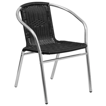 Търговска сгъваем стол за ресторант от алуминий и черен ратан за помещения и на улицата, портативен сгъваем стол