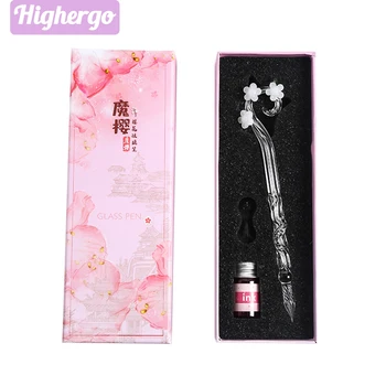 Висококачествен комплект дръжки от розово стъкло Sakura, кристален писалка с мастило, комплекти за подаръци за момичетата, каллиграфическое писмо, рисунка, художествени канцеларски материали