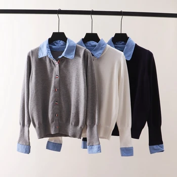 Есенно-зимния нов цветен яка на риза, пуловер от две части, трикотажная долната риза с дълъг ръкав, оборудвана пуловер