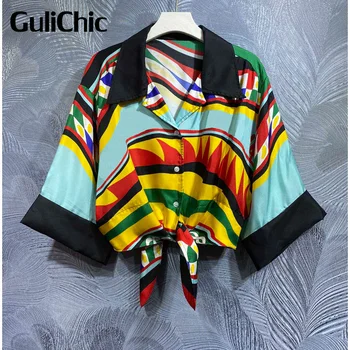 7.21 GuliChic Празнична мода, цветен геометричен принт, яка с ревери, однобортный лък, ежедневни риза от дантела-къс ръкав, дамски
