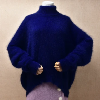 Дамски есенно-зимни дрехи от синьо ворсистой кадифе, кашмир вязаная поло, свободен пуловер, жилетка от ангорского кожа, пуловер, потник