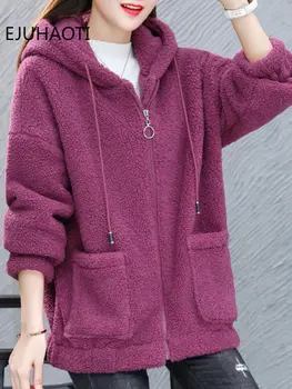 Зимно дамско палто от изкуствена овче руно, яке, нов дамски корейски модерен пуловер свободно намаляване с плюшем за женски кардигана