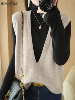 Пуловер-Жилетка Женски 5 Цвята Основен Минималистичен Монофонични За Почивка Универсален Класически Корейски Стила на S-3XL Свободен Трико С V-образно деколте Мода