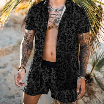 Мъжки летен костюм, къси Панталони с къс ръкав в тъмно плажния стил, всекидневен костюм голям размер с индивидуален принтом