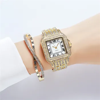 Луксозни квадратни дамски часовник с метална каишка в римски стил, модни дамски часовници с кристали, кварцов дамски часовник