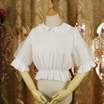 Шифоновые мрежести ризи в стил готик Лолита за момичета, ретро съкратен топ с яка 