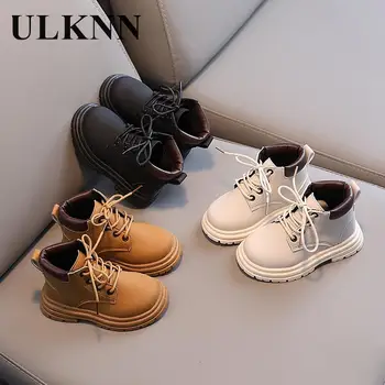 Детски кафяви обувки на Цена в есен 2023 г., черни обувки Cuhk, жълти обувки за момичета, фини обувки за момчета, британски къси ботуши Wind