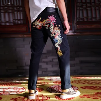 Татуировка с бродерия дракон Висока градинска мода за Мъже и мальчишеские шик дънкови панталони Demin