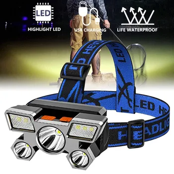 ZK50 led налобный фенер с пет глави, силна светлина, супер ярък USB акумулаторна лампа за риболов, дальнобойный главоболие фенер за мината, фенерче