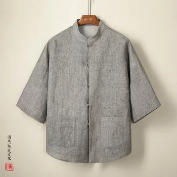 Yourqipao 2023 Годишен Мъж Обикновен костюм в стил Тан От памук и лен в Китайски Стил, Застиранная Стара Риза с къси ръкави в стил Ретро с катарама За Мъже
