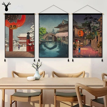 Интериор в японски стил, стенни живопис, уличен ретро интериор за дневната, естетически украса за дома, Гоблени, стенни художествени плакати