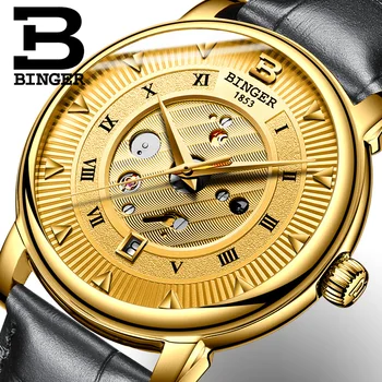 Часовници позната марка, автоматични часовници BINGER, мъжки луксозни маркови златни механични ръчни часовници, кожени часовници Starp, коледен подарък