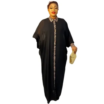 Африкански шифоновые рокли за жени, по-големи размери, рокля-риза с дълъг ръкав, Дубай мюсюлманска Абайя Дашики, Макси-халат за баня с леопардовым принтом, облекло