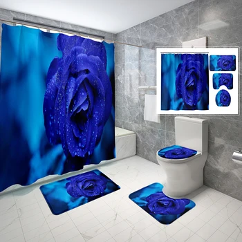 Комплекти завесата за душа със син на роза, 4 бр., нескользящие подложки, капак за тоалетна, елегантен романтичните цветя, водоустойчив завеса за душ, комплект