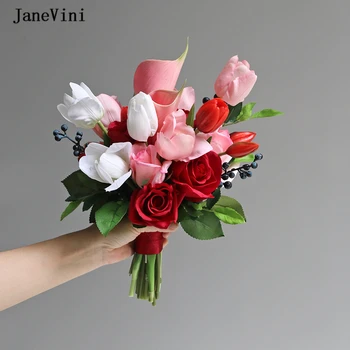 JaneVini Елегантни букети цветя на булката в западен стил, розово лале, изкуствени бордо цветя, роза, хортензия, сватбени аксесоари Ramo Novias
