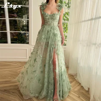 LSYX Sage Green 3D дантелени рокли за бала с пеперуди 2023, трапециевидное една чудесна вечерна рокля с висока цепка на спагети презрамки трапецовидна форма