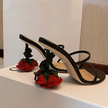 Дамски чехли в розов ток с отворени пръсти, червени сандали на висок ток в цветенце, дамски летни обувки за партита, секси чехли в цветенце, големи размери 42
