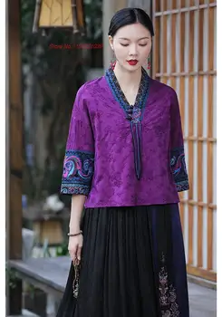 2023 традиционната китайска реколта блуза в народен стил чонсам ципао, блуза с бродерия на цветя, китайски върховете на ханфу, ориенталски костюм от епохата на тан