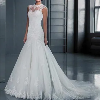 Сватбена рокля с кружевными апликации, 2019 сватбена рокля русалка, тюлевые сватбени рокли, бяло Vestido De Noiva