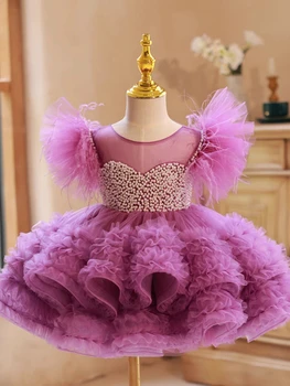 Розови сладки рокли с цветя модел за момичета, бална рокля на принцеса, расшитое перли, пищни рокля за първо причастие, елегантни рокли за момичета