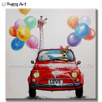 Ръчно рисувани, съвременната забавна картина с маслени бои с животни върху платно, водачът на куче и жираф в кола с цветни въздушно топка, пейзаж живопис