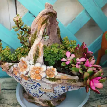 Градинска кошница за цветя със синьо-бяла дръжка от смола, ваза за сукуленти, украса за тераси, за двора, статуетки на открито, бижута, занаяти