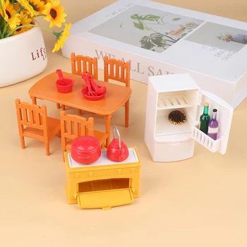 Куклена къща, малка маса за хранене, комплект столове, мебели и аксесоари за куклата къща, интериор за кухня, играчки, подаръци