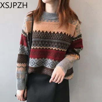 Новост през есента и зимата 2023, дамски пуловер с голям размер в ретро стил, свободен пуловер с кръгло деколте в контрастен цвят и диаманти, палто