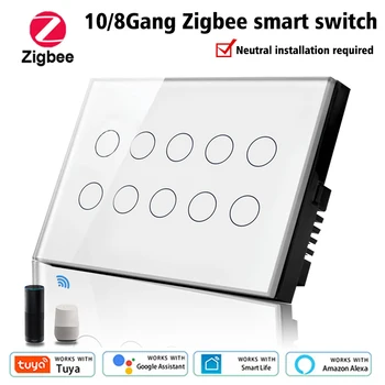 Zigbee 10 Gang Sasha Интелигентен Сензорен Стенен Прекъсвач Светлина Стъклен Панел за управление на целия дом, който е Съвместим с Алекса Google Home