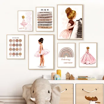 Балетната Момиче Четене На Книга Пиано Дъга Детска Стенно Изкуство Печат На Платно За Живопис Скандинавски Плакат На Стената Картини Декор На Детска Стая