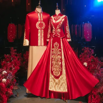 Луксозно атласное сватбена рокля с бродерия от мъниста Рокли, традиционен китайски сватбена рокля Qipao за булката