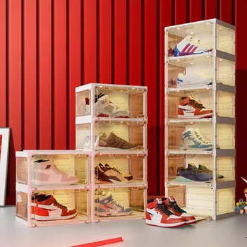 Умна кутия за обувки, сгъваем органайзер, многопластова кутия със светлинен дисплей, полици за съхранение на маратонки, а обувките скоростна голям капацитет за колекционери