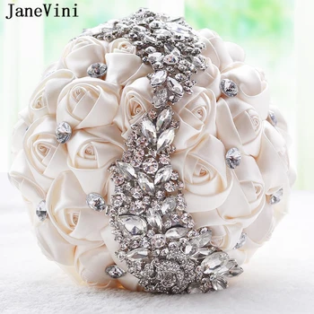 JaneVini 2018, луксозни булчински букети от рози сатен с цвят на слонова кост с кристали, изкуствени букети цветя на булката, женски сватбени аксесоари