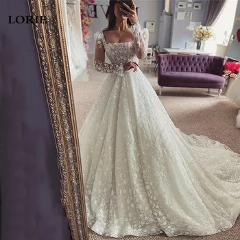 Сватбени рокли LORIE Принцеса с дълъг ръкав, светли дантелено рокля на булката с квадратни деколтета, сватбени рокли с 3D цветя 2023