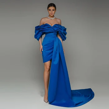 Королевско-сини рокли за бала с открити рамене, с гънки, с подвижна влак, атласное вечерна рокля за парти, мини-корсет, празнична рокля 2022
