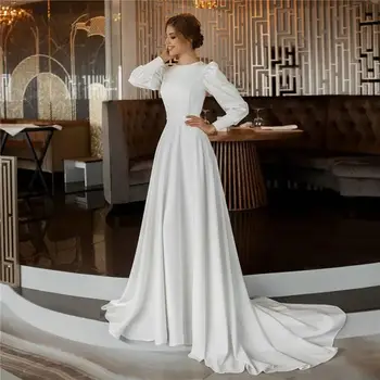 Направен по поръчка прости сатен сватбени рокли 2023 Елегантни мюсюлмански булчински рокли с кръгло деколте и дълги ръкави Vestido De Noiva плюс размер