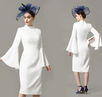 2022 Малки бели вечерни рокли с високо воротом с дължина до коляното от мек сатен, расшитого мъниста, Vestidos Longo Robe De Soiree