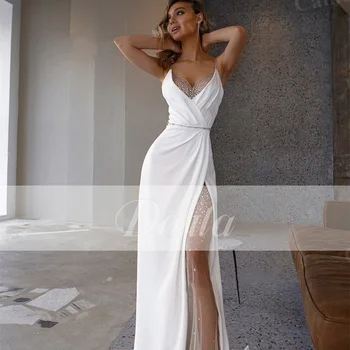 Секси дантелени шифоновые сватбени рокли-калъфи с отворен гръб, бродирани с мъниста, с пайети, булчинска рокля с V-образно деколте на спагети презрамки Vestido de Новия 2023