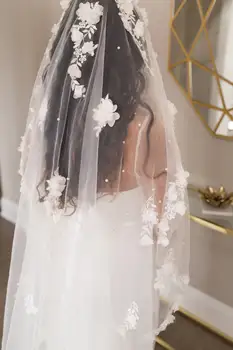 Дългата соборная булчински воал NZUK Ширина 300 см, воали за младоженци с 3D цветя, перлена по-дълги КРАЛСКАТА СОБОРНАЯ воали