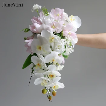 JaneVini Елегантни изкуствени розово-бели цветя, водопад, сватбени букети, пеперуда орхидея, каскаден букет цветя, сватбени аксесоари