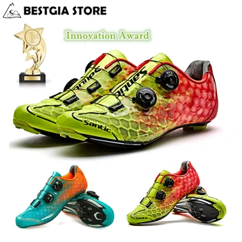 Santic 10-Прохладно Велосипедна обувки, изработени От Въглеродни Влакна, за Мъже Сверхлегкая Обувки За Шоссейного под Наем, Дишаща Самоблокирующаяся Велосипедна обувки PRO Racing Team