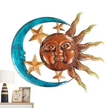 Метално Слънцето И Луната Стенен Арт Декор Ярко Слънчево Лицето На Небето, Стенни Скулптури От Метал Слънцето И Луната Стенен Декор Слънце Луна