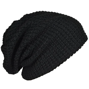 Мъжки дълъг вязаная шапчица-бини с припокриване за лятото и зимата, размер оверсайз, черен