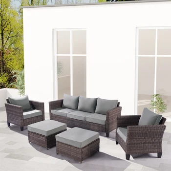 5 бр. секционни диван-канапе за двор на открито, комплект плетени мебели от черен полиетилен, определени за разговори във вътрешния двор