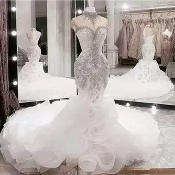 По-големи размери, арабски Aso Ebi, луксозни булчински рокли с мъниста и кристали, сватбени рокли на русалка с високо деколте, сватбени рокли с прозрачно деколте