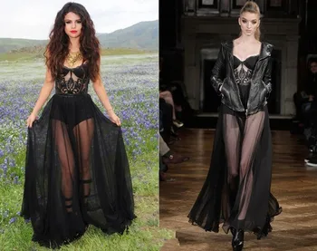 Зашеметяващи секси черни рокли на знаменитости Селены Гомес трапецовидна форма, е прозрачен елече, апликации, украсени с дантела шифоновые рокли за бала