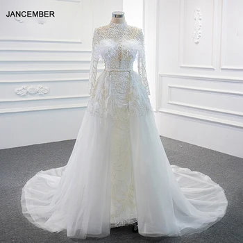 RSM67052, бяло секси сватбена рокля с аппликацией и принтом от перли, 2021, с пискюли по ръкавите и рокля в пода