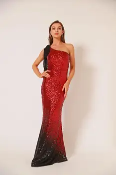 Angel fashions Женствена асиметрична лента хлопушка с постепенни пайети, дълга червена рокля на Русалка на едно рамо, сватбена вечерна рокля