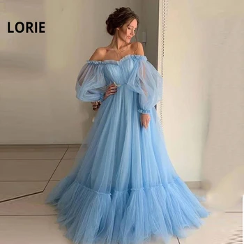 Елегантна рокля LORIE за бала с къдри по раменете, дълга пищни ръкави, трапециевидное тюлевое дълго синьо-розова вечерна рокля, корсетное вечерна рокля